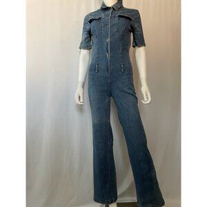 KOXIS Women's Denim Jumpsuit Wide Leg One Piece Blue Short Sleeve Size L
